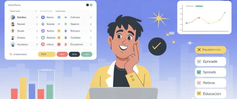 Inversionista joven comparando brokers para 2025, evaluando regulación, comisiones y beneficios con actitud estratégica y energía positiva