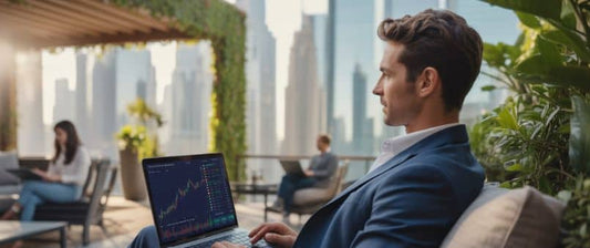Trader operando con AvaTrade en 2025 desde una laptop con gráficos y señales activas, representando tecnología, movilidad y confianza en el trading